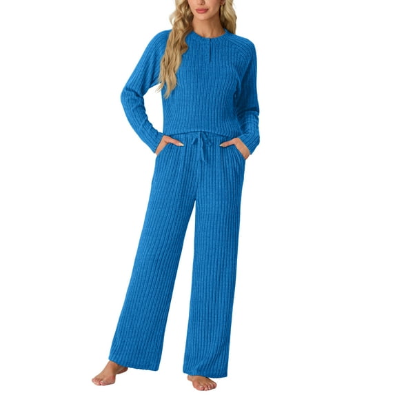 MINTREUS Women's Pajama Set Long Sleeve Lounge Set Ribbed knit Sleepwear Two Piece Pjs Set with Pocket