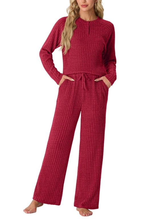 Women's Pajama Set Long Sleeve Lounge Set Ribbed knit Sleepwear Two Piece Pjs Set with Pocket