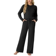 MINTREUS Women's Pajama Set Long Sleeve Lounge Set Ribbed knit Sleepwear Two Piece Pjs Set with Pocket