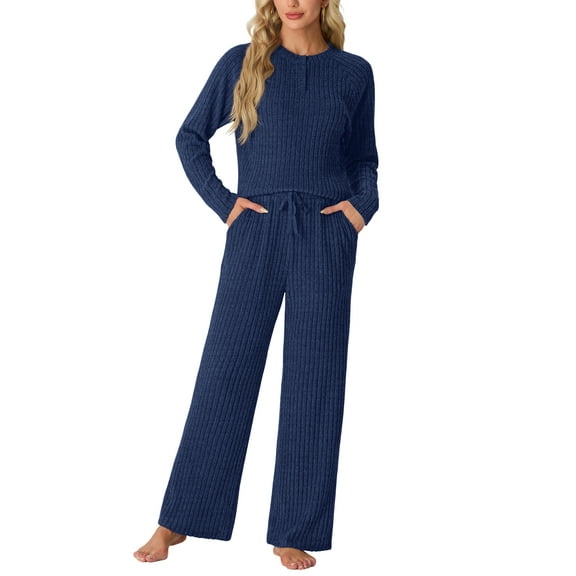 MINTREUS Women's Pajama Set Long Sleeve Lounge Set Ribbed knit Sleepwear Two Piece Pjs Set with Pocket