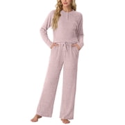MINTREUS Womens Pajama Set Long Sleeve Lounge Set Ribbed knit Sleepwear Two Piece Pjs Set with Pocket