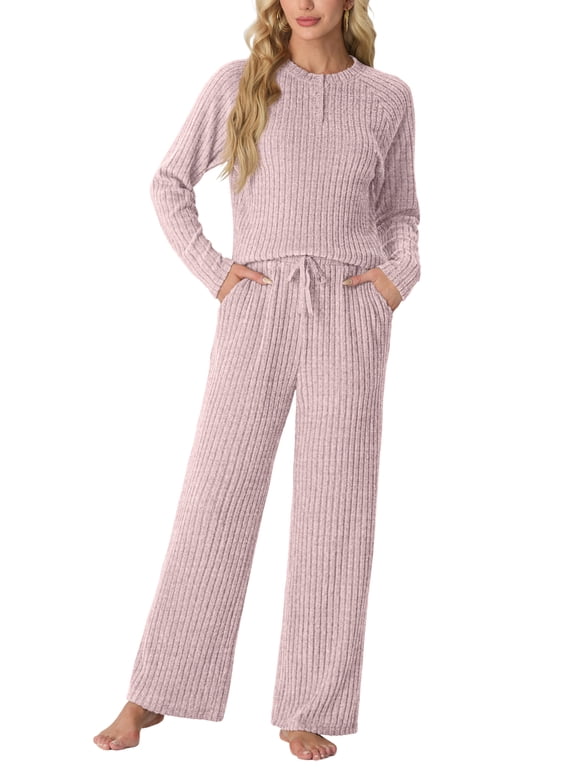 Women's Pajama Set Long Sleeve Lounge Set Ribbed knit Sleepwear Two Piece Pjs Set with Pocket