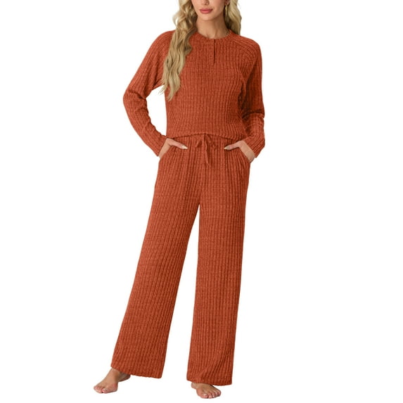 MINTREUS Women's Pajama Set Long Sleeve Lounge Set Ribbed knit Sleepwear Two Piece Pjs Set with Pocket