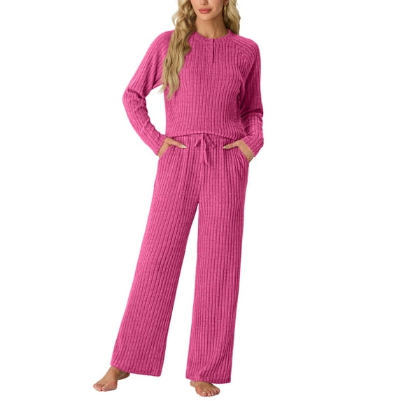MINTREUS Women's Pajama Set Long Sleeve Lounge Set Ribbed knit Sleepwear Two Piece Pjs Set with Pocket