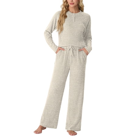 MINTREUS Women's Pajama Set Long Sleeve Lounge Set Ribbed knit Sleepwear Two Piece Pjs Set with Pocket