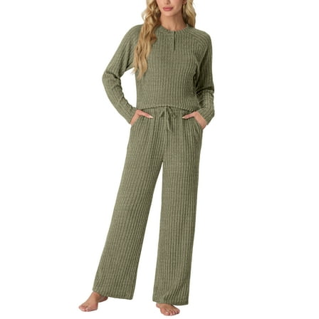 MINTREUS Women's Pajama Set Long Sleeve Lounge Set Ribbed knit Sleepwear Two Piece Pjs Set with Pocket