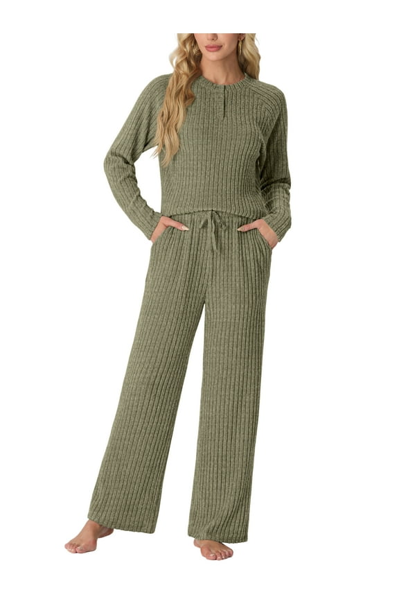 Women's Pajama Set Long Sleeve Lounge Set Ribbed knit Sleepwear Two Piece Pjs Set with Pocket