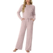 MINTREUS Women's Pajama Set Long Sleeve Lounge Set Ribbed knit Sleepwear Two Piece Pjs Set with Pocket