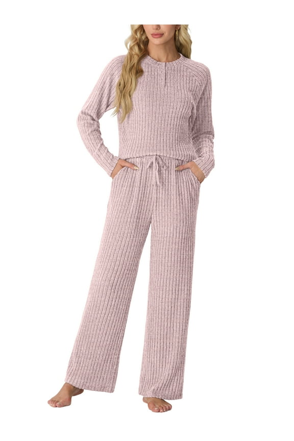 Women's Pajama Set Long Sleeve Lounge Set Ribbed knit Sleepwear Two Piece Pjs Set with Pocket