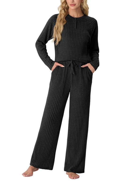 Women's Pajama Set Long Sleeve Lounge Set Ribbed knit Sleepwear Two Piece Pjs Set with Pocket