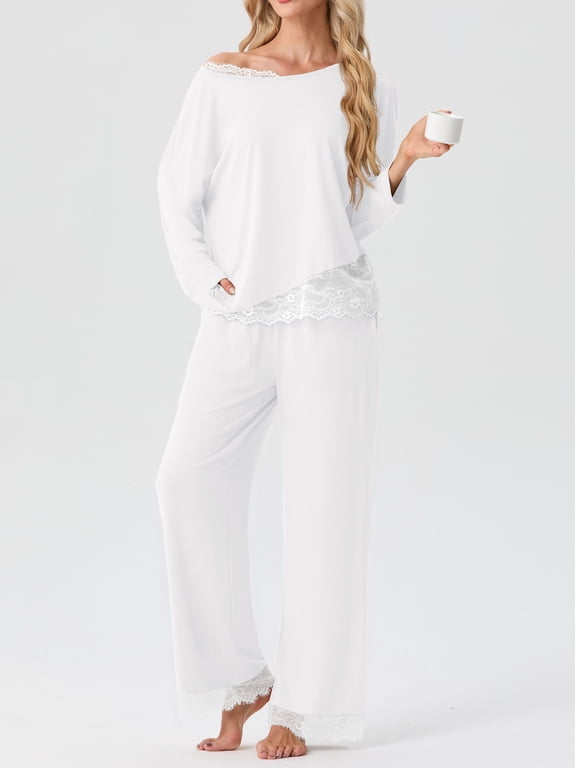 Pajamas for Womens Set 2 Piece Lace Trim Sleepwear Soft Lounge Set, Loungewear for Fall Winter
