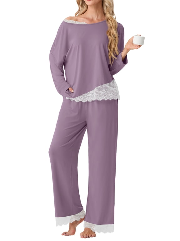Pajamas for Womens Set 2 Piece Lace Trim Sleepwear Soft Lounge Set, Loungewear for Fall Winter