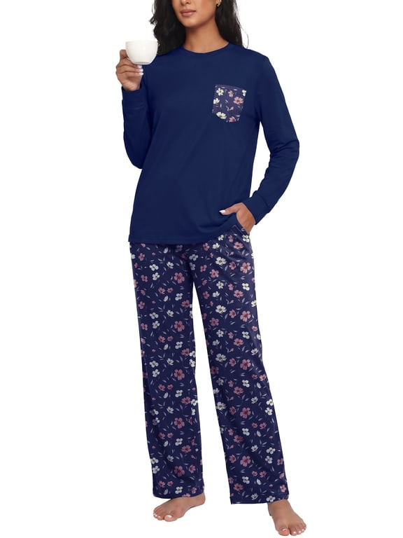 Womens Pajama Sets Long Sleeve Pj Set Soft Two Piece Sleepwear Set with Pockets
