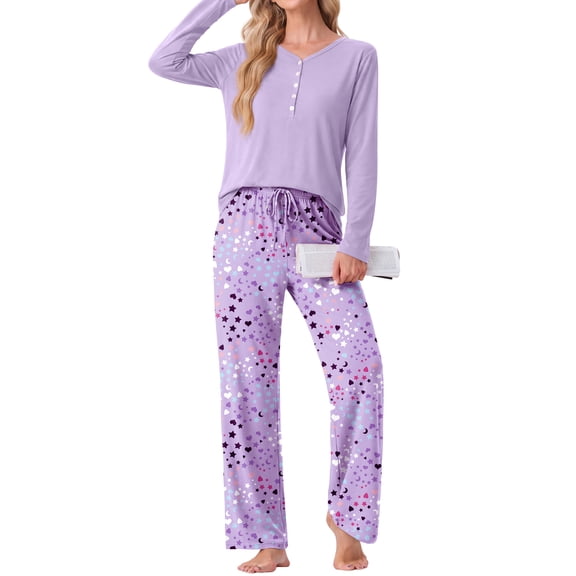MINTREUS Women Pajama Sets Long Sleeve Sleepwear Printed Lounge Set with Pockets