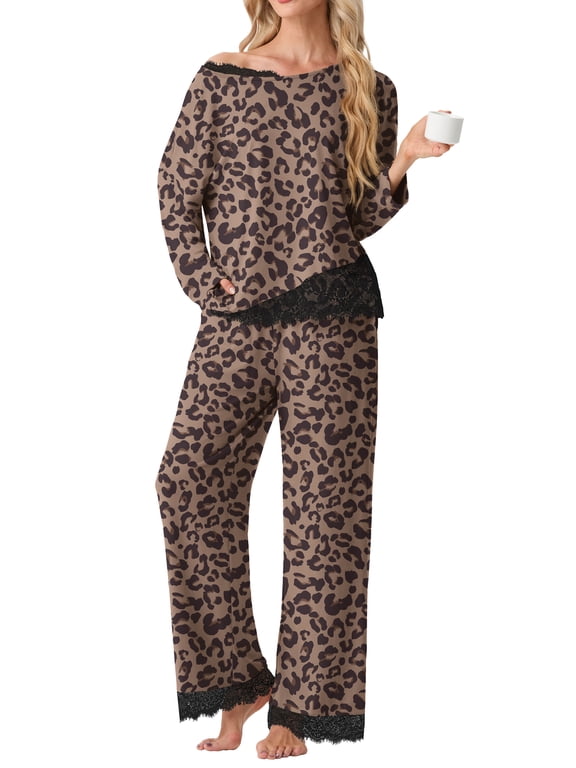 Pajamas for Womens Set 2 Piece Lace Trim Sleepwear Soft Lounge Set, Loungewear for Fall Winter