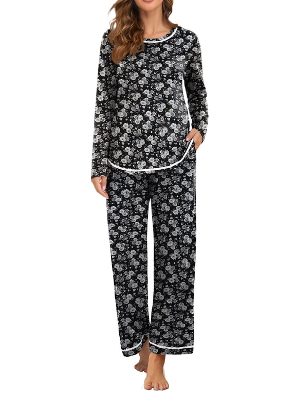 Women's Pajama Set Long Sleeve Sleepwear Set Soft Two Piece Matching Set with Pockets