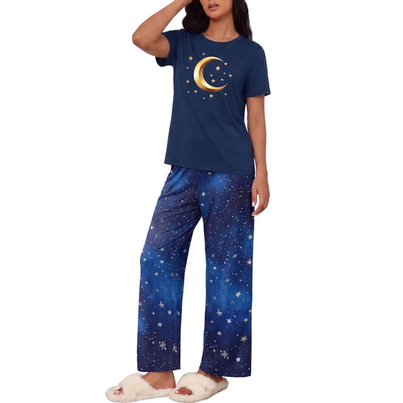 MINTREUS Pajama Set for Women 2 Piece Pjs Short Sleeve Top and Printed Pants Comfy Lounge Sets