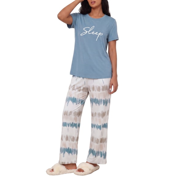 MINTREUS Pajama Set for Women 2 Piece Pjs Short Sleeve Top and Printed Pants Comfy Lounge Sets