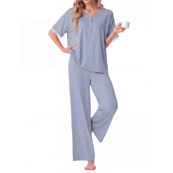 MINTREUS Women's Pajama Set Short Sleeve Sleepwear Set Soft Two Piece Matching Set with Pockets