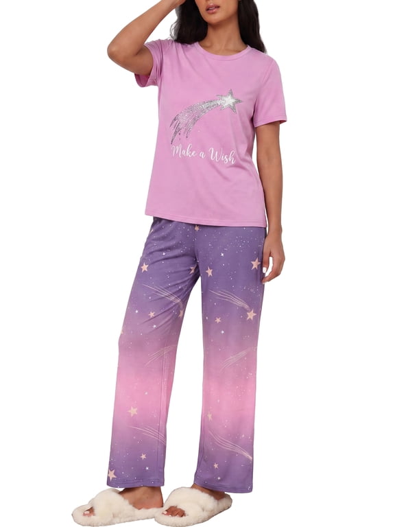 Pajama Set for Women 2 Piece Pjs Short Sleeve Top and Printed Pants Comfy Lounge Sets
