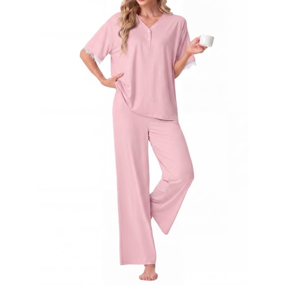 MINTREUS Women's Pajama Set Short Sleeve Sleepwear Set Soft Two Piece Matching Set with Pockets