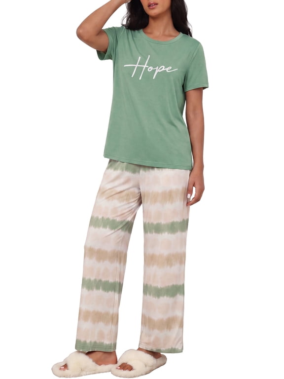 Pajama Set for Women 2 Piece Pjs Short Sleeve Top and Printed Pants Comfy Lounge Sets