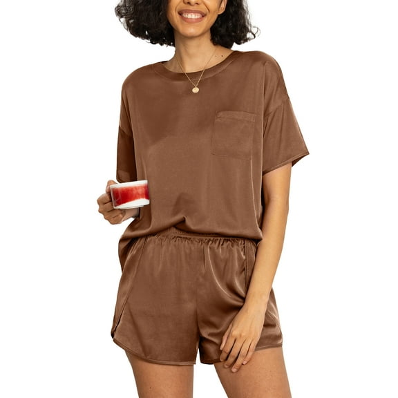 MINTREUS Silk Pajama for Women Short Sleeve Satin Pj Set Two Piece Soft Sleepwear Loungewear