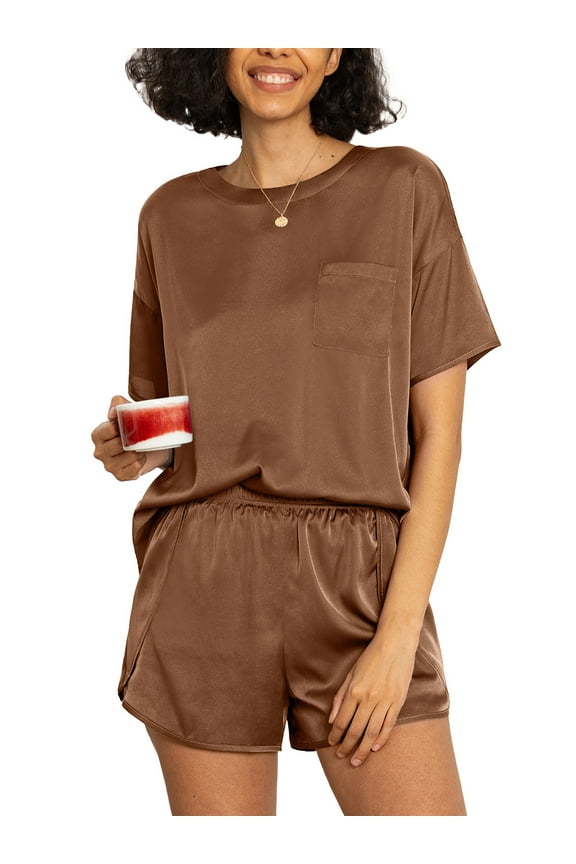 Silk Pajama for Women Short Sleeve Satin Pj Set Two Piece Soft Sleepwear Loungewear