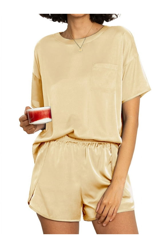Silk Pajama for Women Short Sleeve Satin Pj Set Two Piece Soft Sleepwear Loungewear