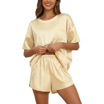 MINTREUS Women's Pajama Set Short Sleeved Silk Satin Pajama Set Soft Shirt Paired with Casual Shorts