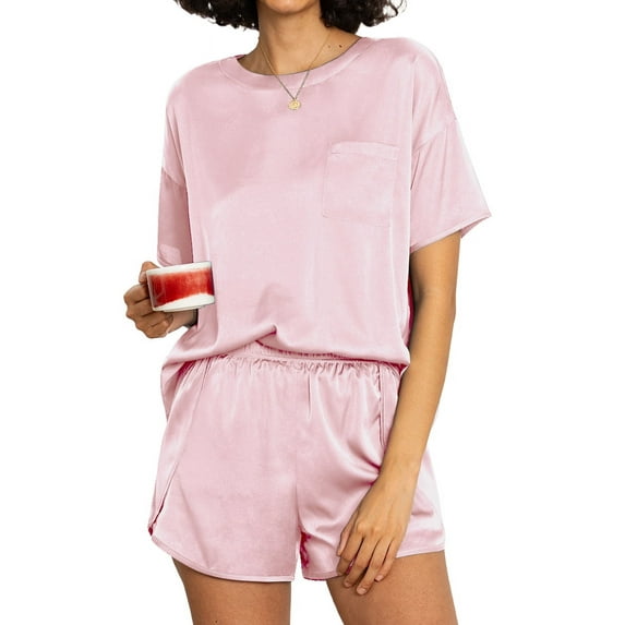 MINTREUS Silk Pajama for Women Short Sleeve Satin Pj Set Two Piece Soft Sleepwear Loungewear