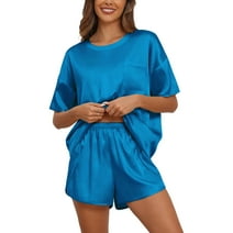 MINTREUS Women's Pajama Set Short Sleeved Silk Satin Pajama Set Soft Shirt Paired with Casual Shorts
