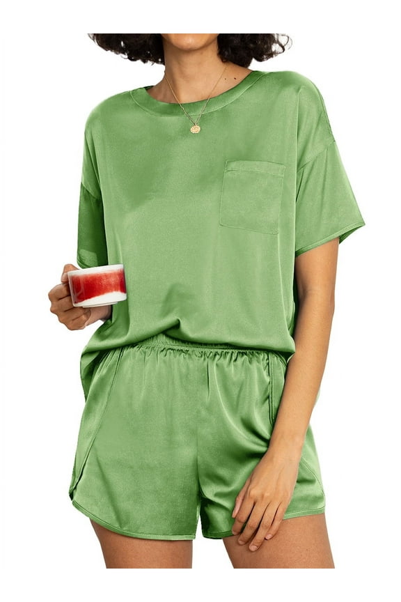 Silk Pajama for Women Short Sleeve Satin Pj Set Two Piece Soft Sleepwear Loungewear