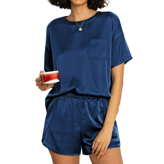 MINTREUS Silk Pajama for Women Short Sleeve Satin Pj Set Two Piece Soft Sleepwear Loungewear