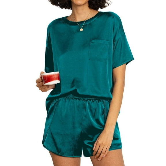 MINTREUS Silk Pajama for Women Short Sleeve Satin Pj Set Two Piece Soft Sleepwear Loungewear