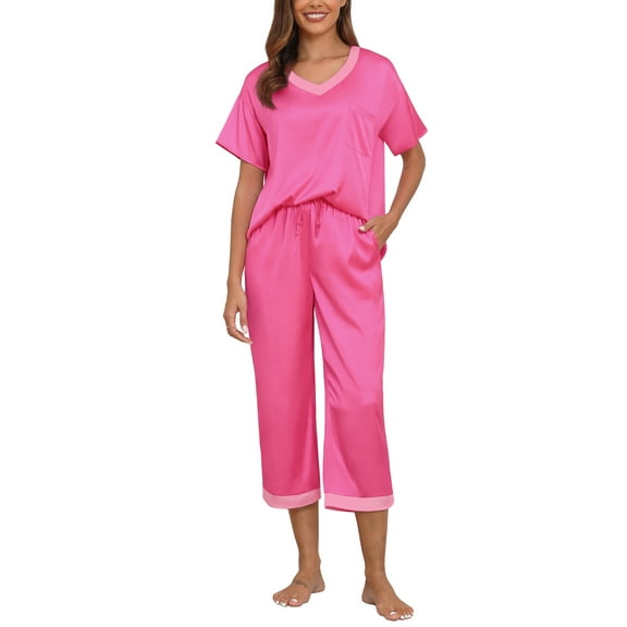 MINTREUS Women's Pajama Set Short Sleeved V-Neck Pajama Silk 2-Piece Set Capris Women's Satin Pajama Set Casual Clothing