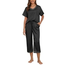 MINTREUS Women's Pajama Set Short Sleeved V-Neck Pajama Silk 2-Piece Set Capris Women's Satin Pajama Set Casual Clothing