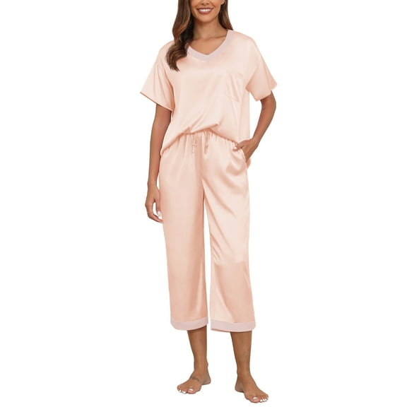 MINTREUS Women's Pajama Set Short Sleeved V-Neck Pajama Silk 2-Piece Set Capris Women's Satin Pajama Set Casual Clothing