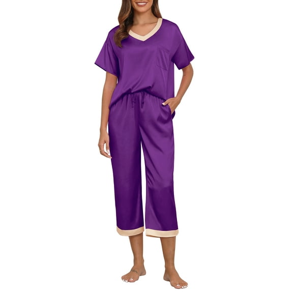 MINTREUS Women's Pajama Set Short Sleeved V-Neck Pajama Silk 2-Piece Set Capris Women's Satin Pajama Set Casual Clothing