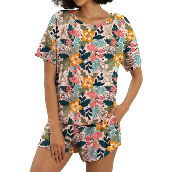 MINTREUS Womens Waffle Knit Pajama Sets Short Sleeve Tops and Shorts Two Piece Lounge Sets Soft Sleepwear with Pocket
