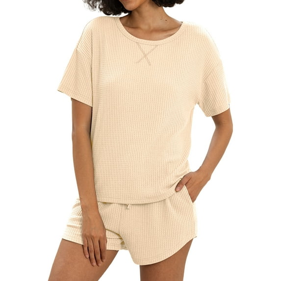 MINTREUS Womens Waffle Knit Pajama Sets Short Sleeve Tops and Shorts Two Piece Lounge Sets Soft Sleepwear with Pocket