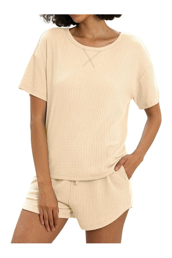 Womens Waffle Knit Pajama Sets Short Sleeve Tops and Shorts Two Piece Lounge Sets Soft Sleepwear with Pocket