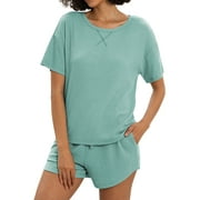 MINTREUS Womens Waffle Knit Pajama Sets Short Sleeve Tops and Shorts Two Piece Lounge Sets Soft Sleepwear with Pocket