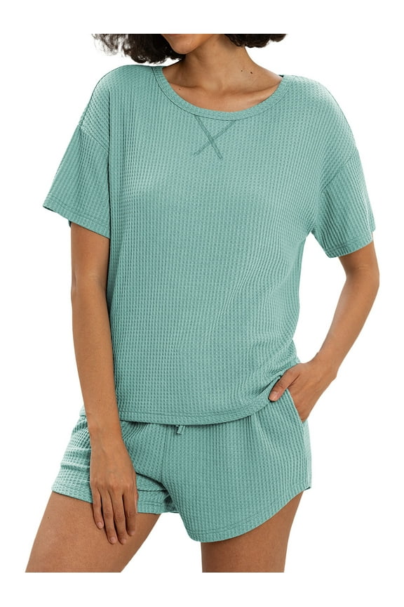 Womens Waffle Knit Pajama Sets Short Sleeve Tops and Shorts Two Piece Lounge Sets Soft Sleepwear with Pocket