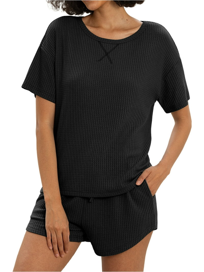 MINTREUS Women's Waffle Knitted Pajama Set with Shorts, Casual