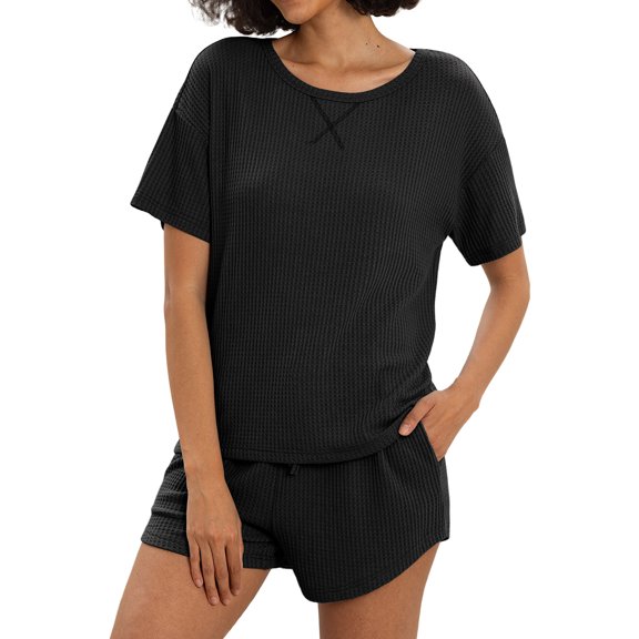 MINTREUS Womens Waffle Knit Pajama Sets Short Sleeve Tops and Shorts Two Piece Lounge Sets Soft Sleepwear with Pocket