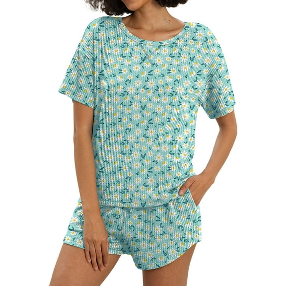 MINTREUS Womens Waffle Knit Pajama Sets Short Sleeve Tops and Shorts Two Piece Lounge Sets Soft Sleepwear with Pocket