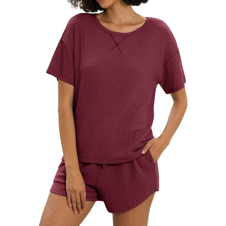 MINTREUS Womens Waffle Knit Pajama Sets Short Sleeve Tops and