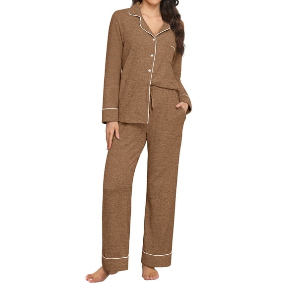 MINTREUS Women's Pajama Sets Knit Long Sleeve Button Down Pjs Soft Sleepwear Lounge Sets with Pockets