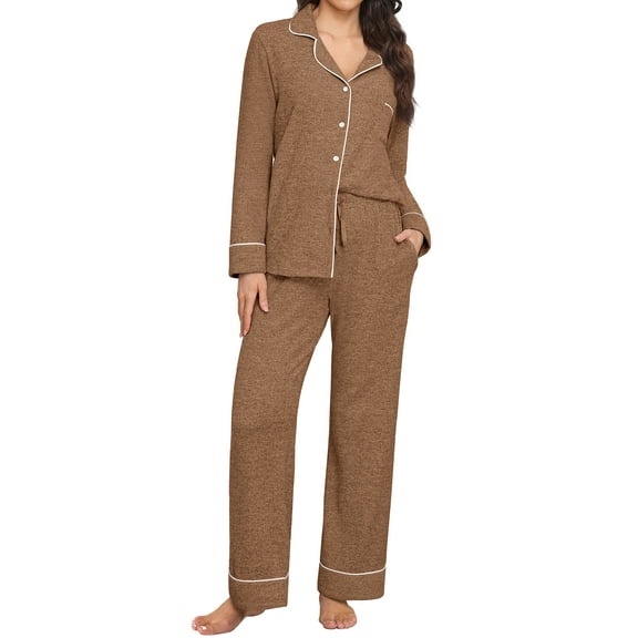 MINTREUS Women's Pajama Sets Knit Long Sleeve Button Down Pjs Soft Sleepwear Lounge Sets with Pockets